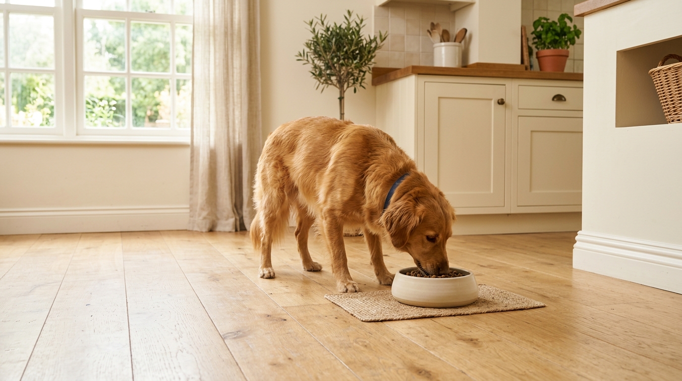 A dog eating from a bowl at home